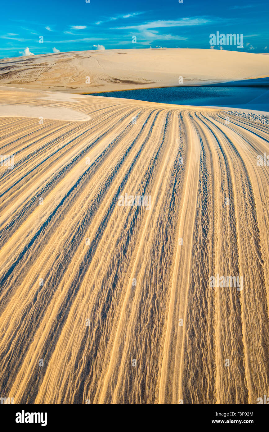 Dune patterns and rainwater lakes, Lencois Maranhenses National Park, Brazil, Atlantic Ocean Rainwater  ponds trapped in white d Stock Photo