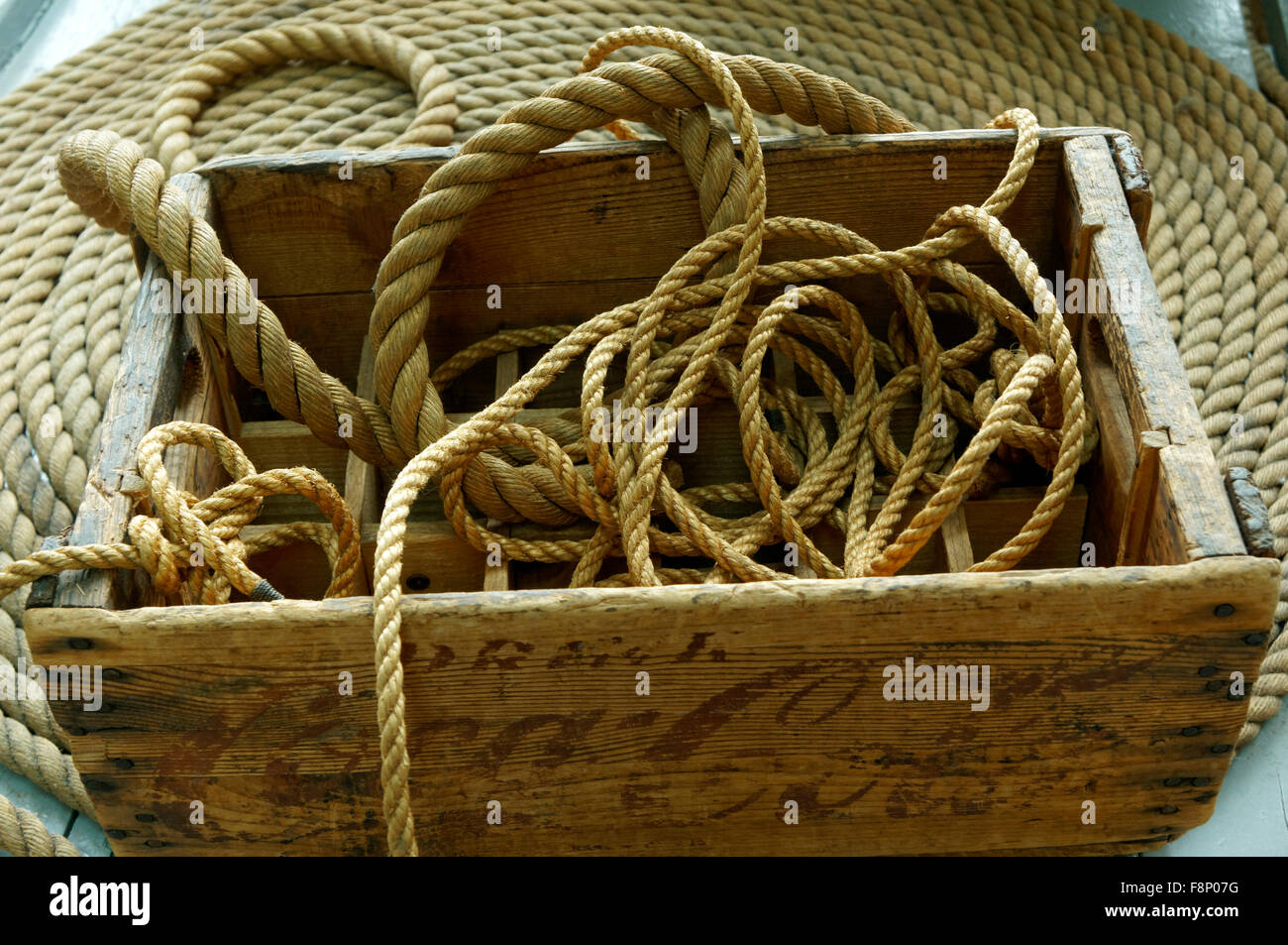 Box of ropes on the deck RCMP St. Roch schooner, Vancouver Maritime Museum, Vancouver, BC, Canada Stock Photo
