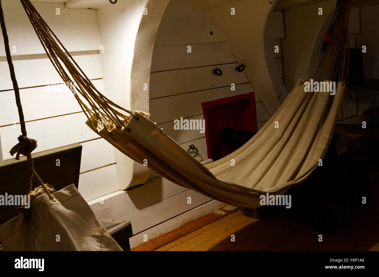 Hammock in replica of the fo'c'sle or forecastle of Captain George Vancouver's ship Discovery, Vancouver Maritime Museum, Vancou Stock Photo