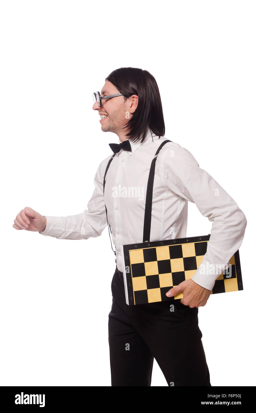 Nerd chess player isolated on white Stock Photo