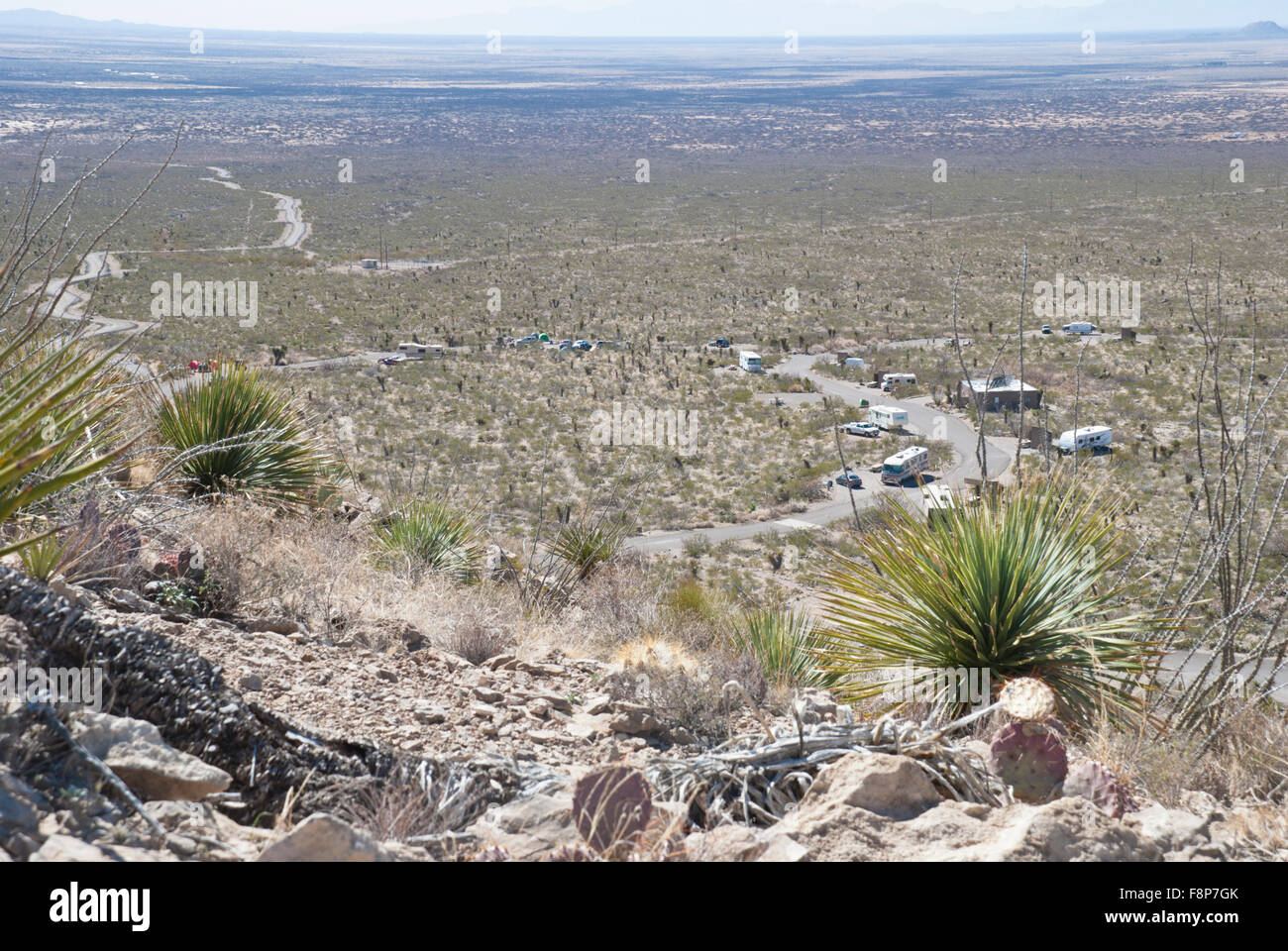 The Oliver Lee State Park campsites can be viewed from a trail leading up a rocky cliff behind the Visitor's Center. Stock Photo