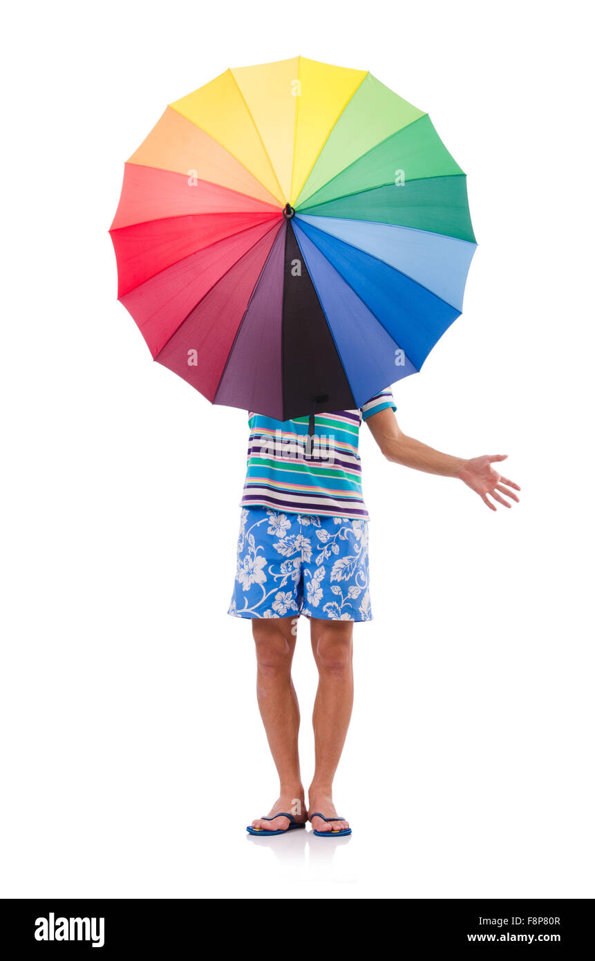 Positive man with colorful umbrella isolated on white Stock Photo - Alamy