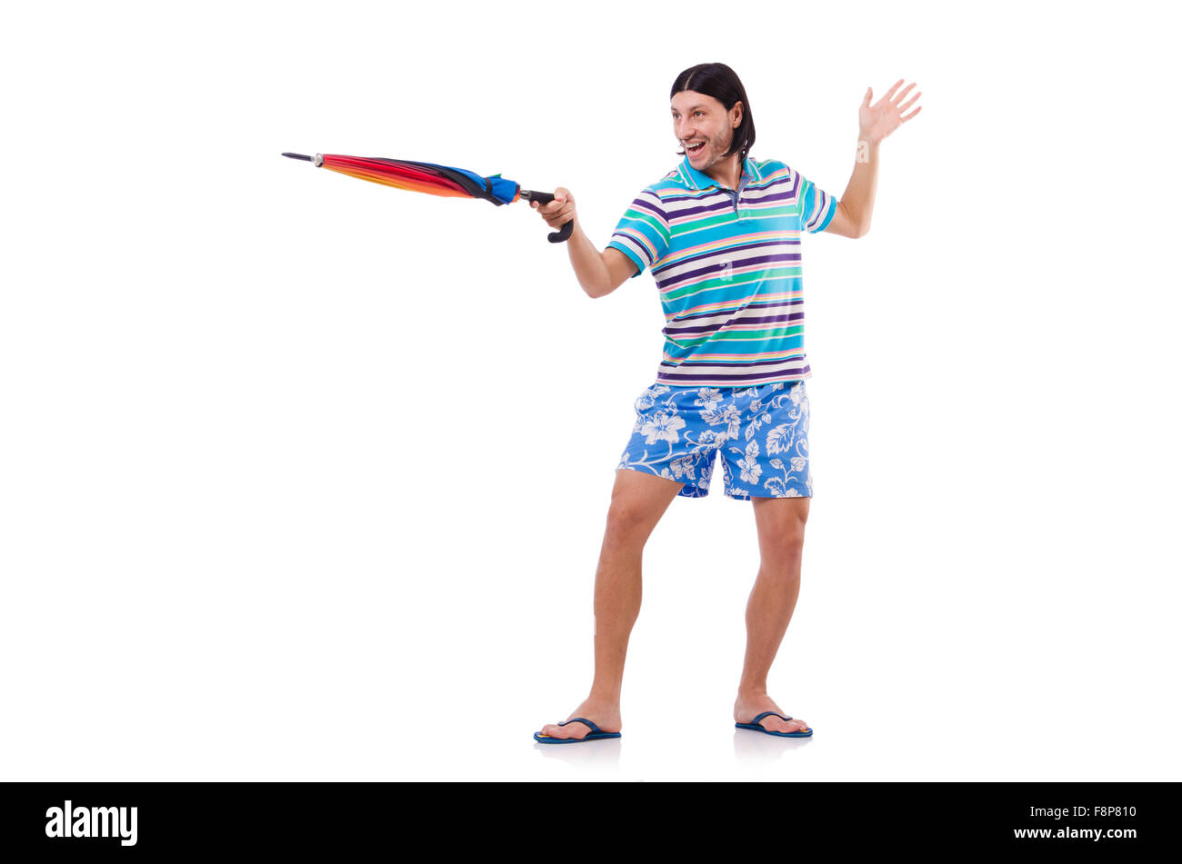 Positive man with colorful umbrella isolated on white Stock Photo - Alamy