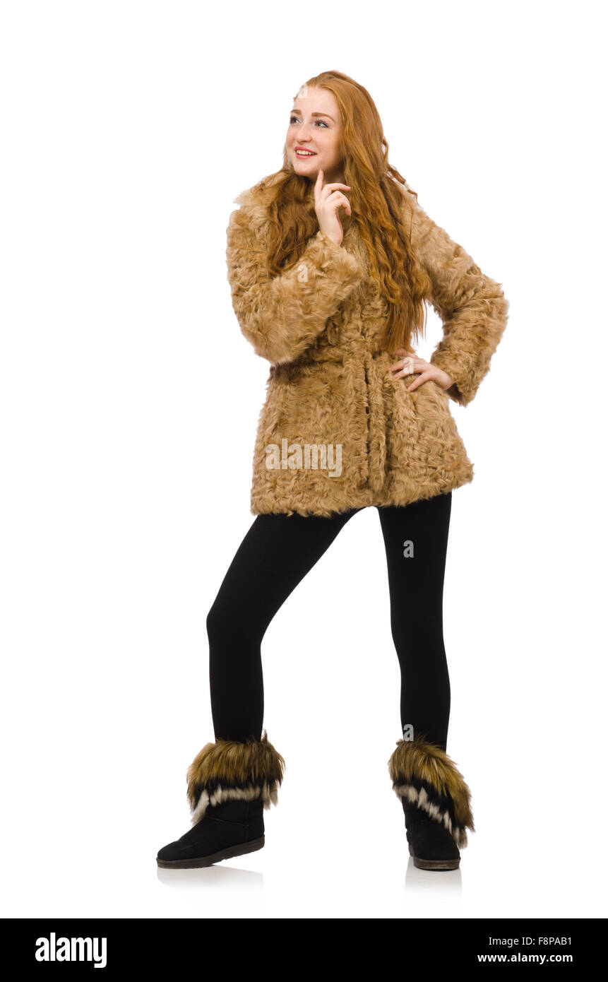 Redhead girl in fur coat isolated on white Stock Photo - Alamy