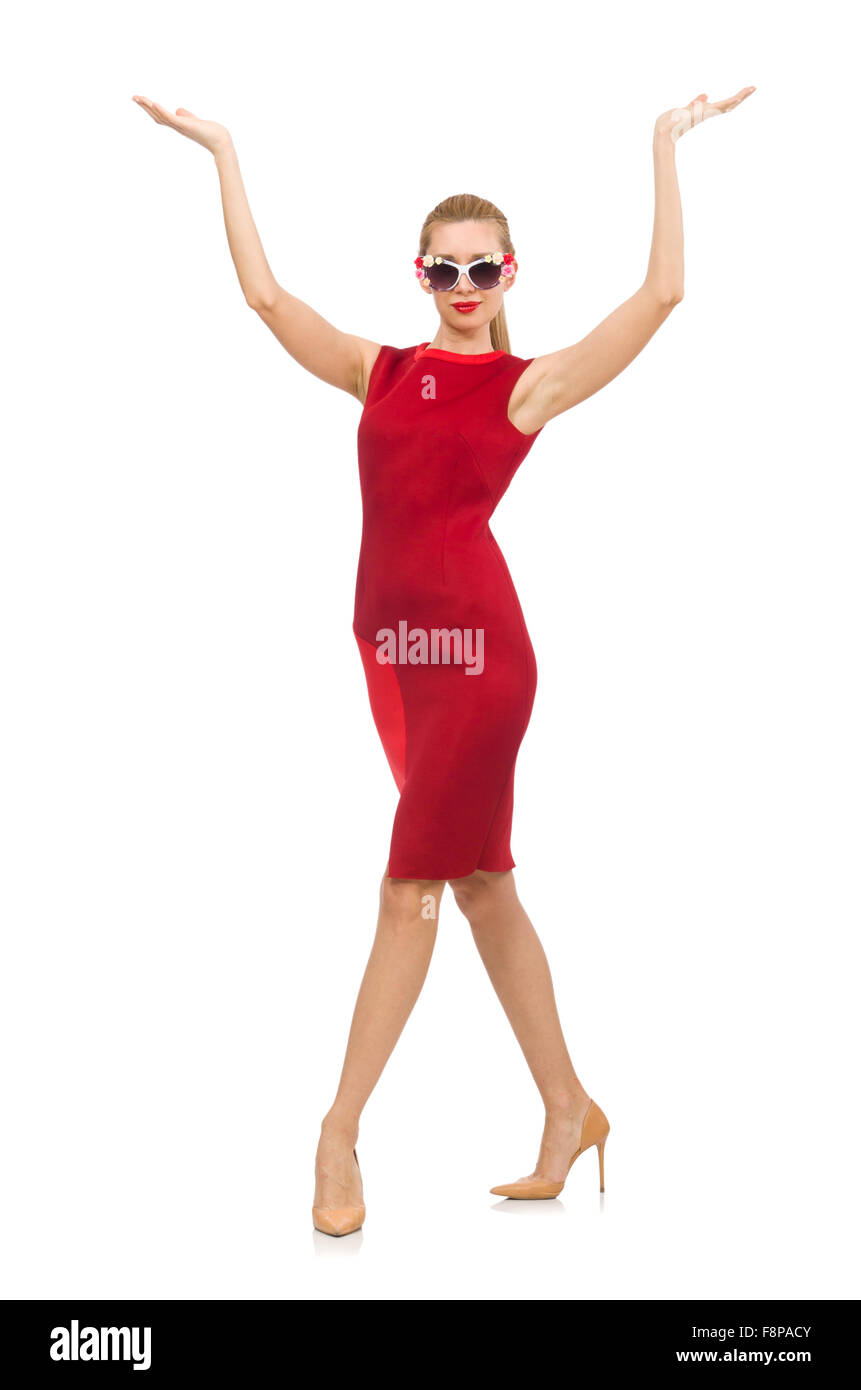 Pretty young woman in red dress isolated on white Stock Photo - Alamy