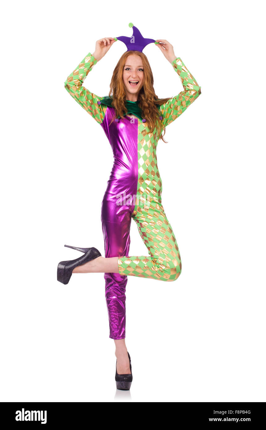 Woman wearing clown costume isolated on white Stock Photo - Alamy