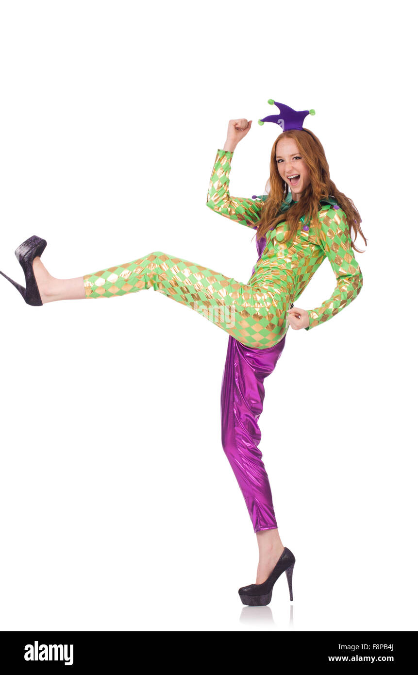 Woman wearing clown costume isolated on white Stock Photo - Alamy