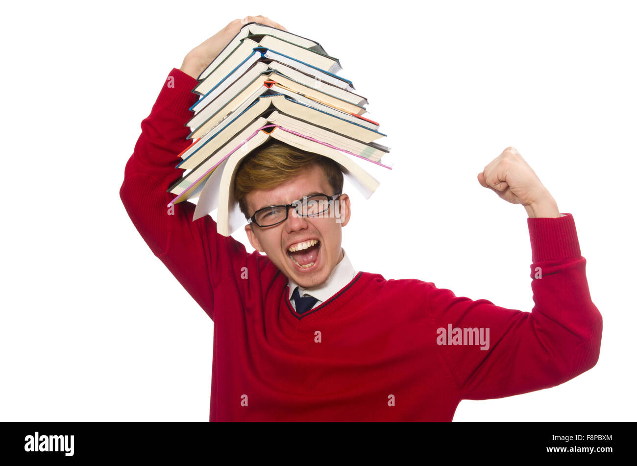 Funny student with books isolated on white Stock Photo - Alamy