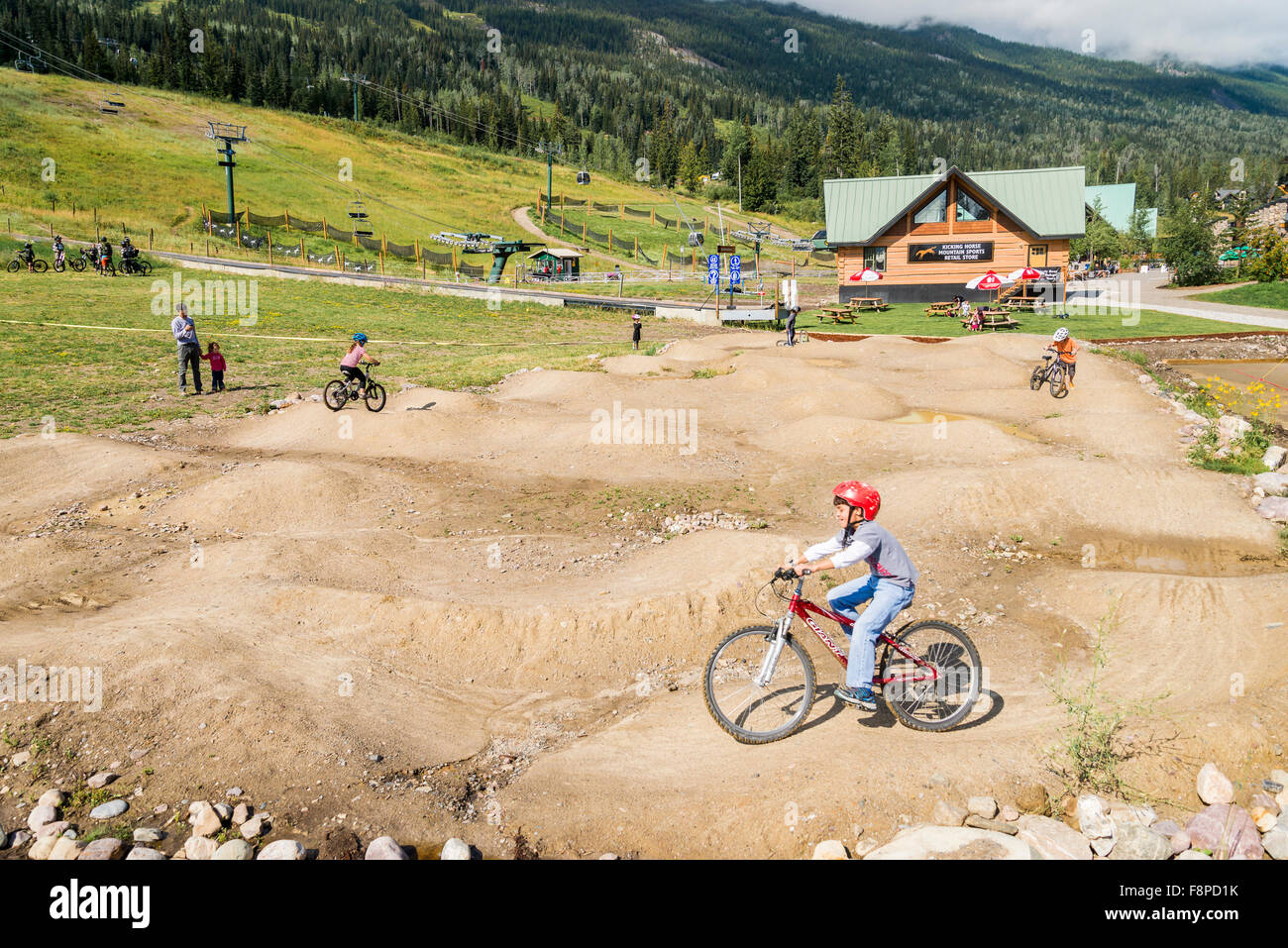 Kids Mountain bike course, Kicking Horse Resort, near Golden, British Columbia, Canada Stock Photo