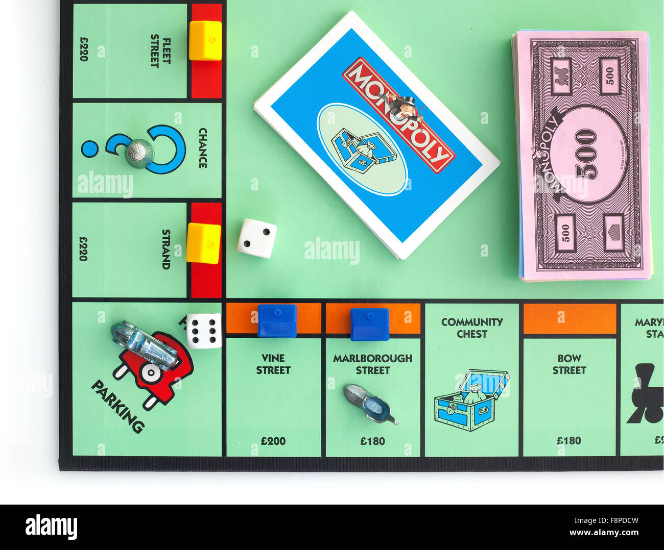 Game Board From the English Edition of Monopoly On A White Background,  The classic trading game from Parker Brothers was first Stock Photo