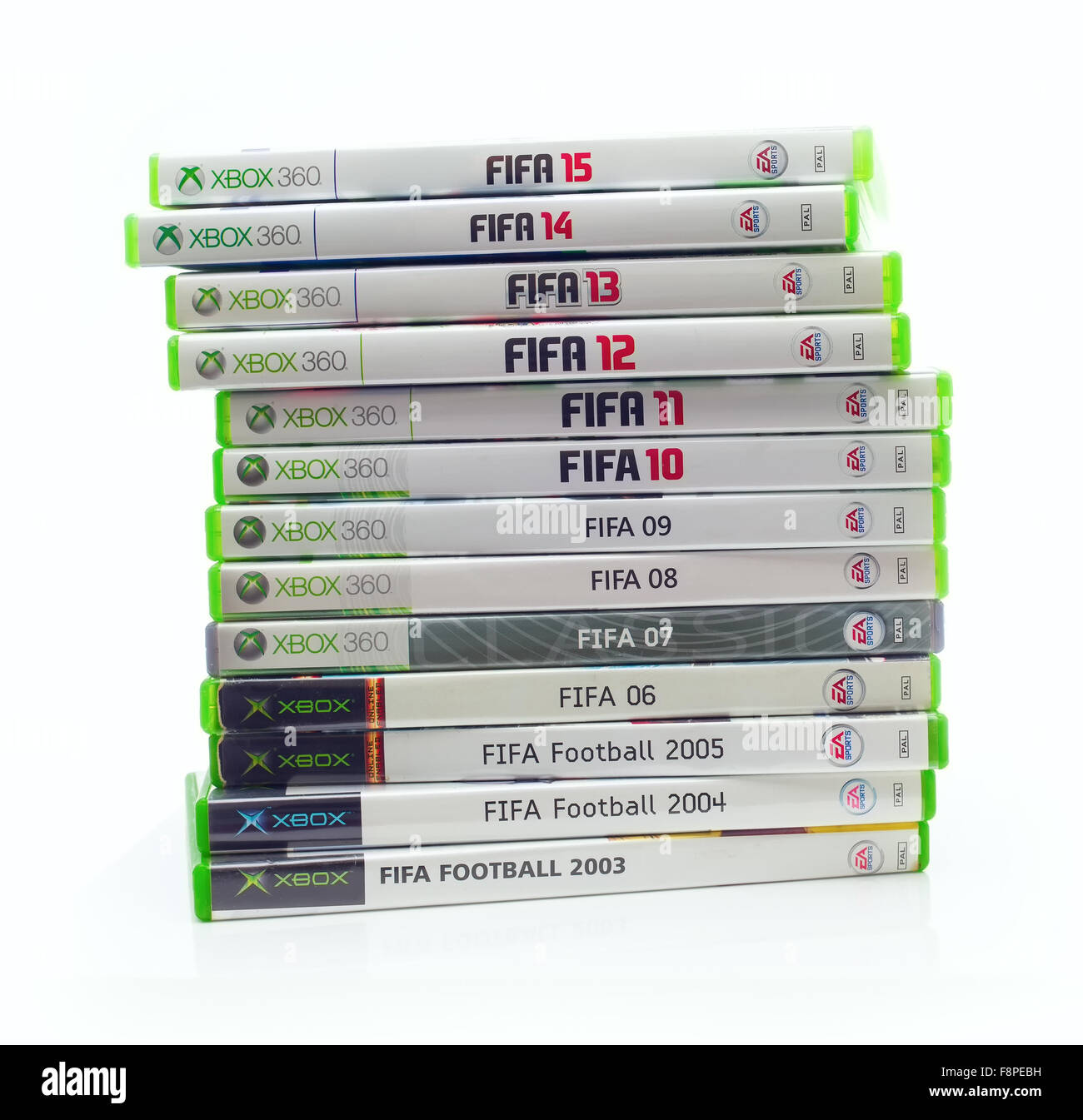 Collection of FIFA Football games by EA Sports from 2003 until 2015 for the  XBox console on a White Background Stock Photo - Alamy