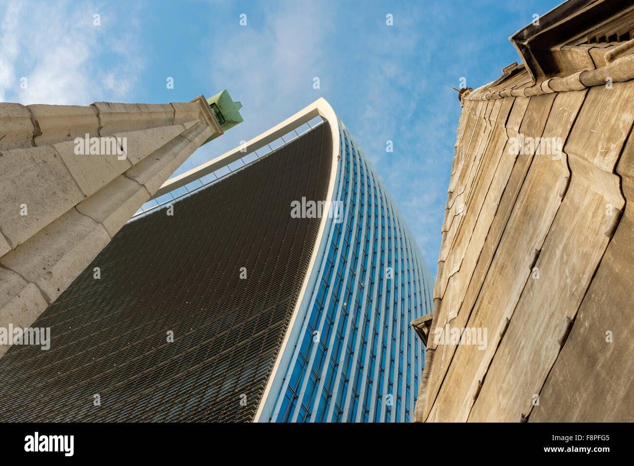 Vew of 20 Fenchurch building,The Walkie-Talkie(Rafael Vinoly),from the roof of St.Margaret Pattens Church,City of London,England Stock Photo