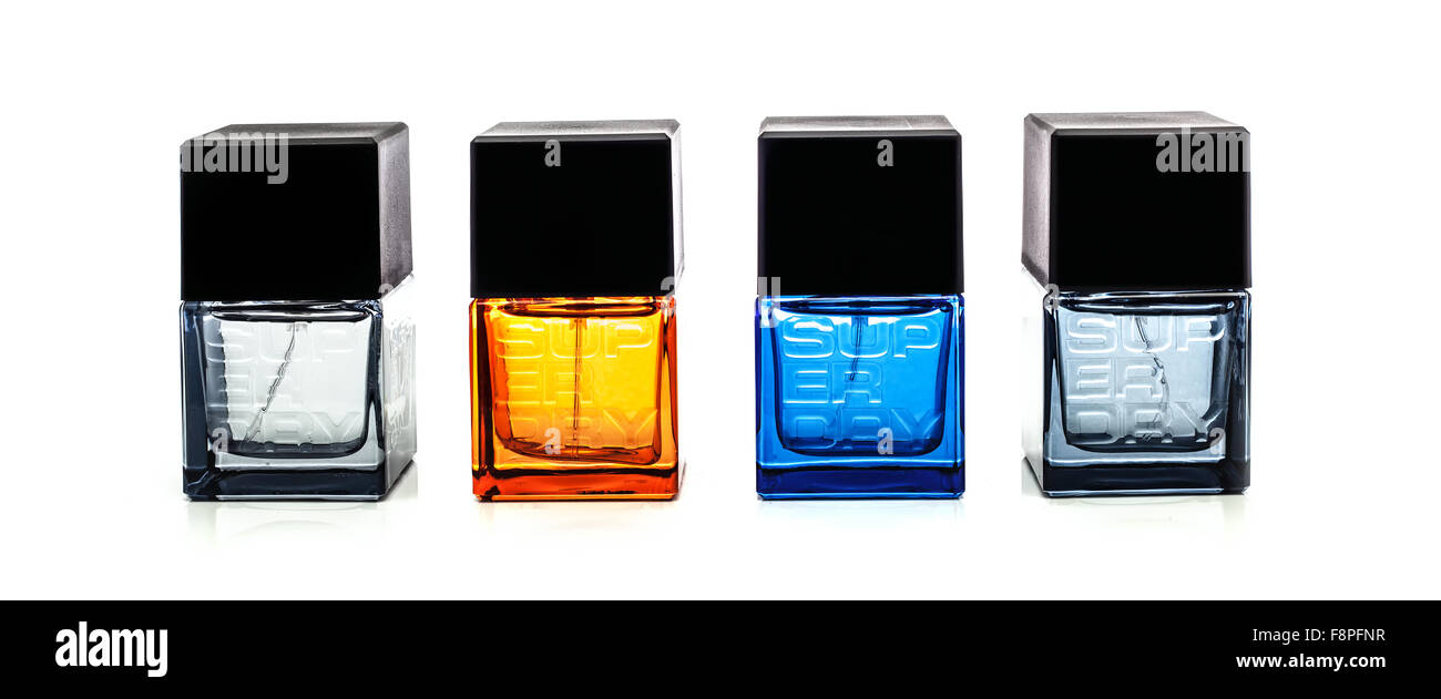 Four Bottles of Superdry Male Cologne on a White Background Stock Photo -  Alamy