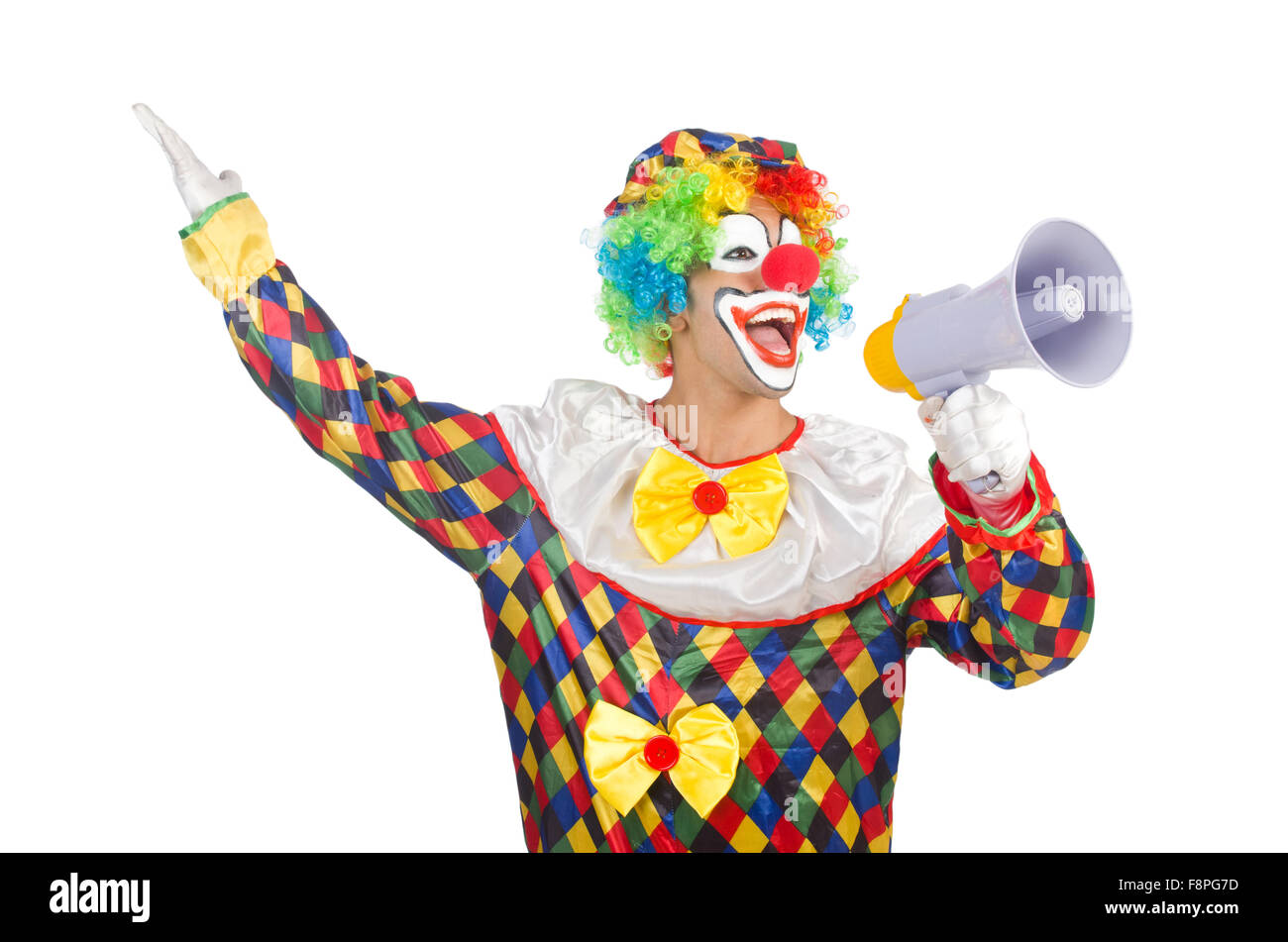 Как разговаривает клоун. Клоун с рупором. Клоун с громкоговорителем. Клоунесса на белом фоне. Клоун с микрофоном.