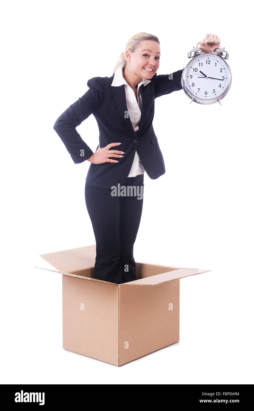 Woman with clock in the box Stock Photo Alamy