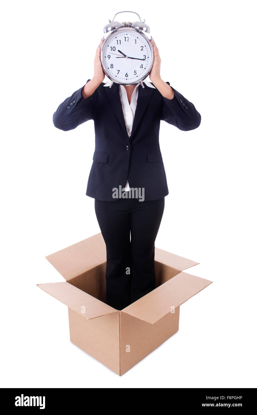 Woman with clock in the box Stock Photo Alamy