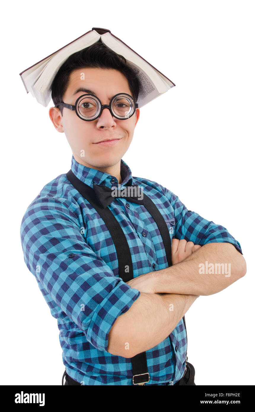 Funny student with books on white Stock Photo - Alamy