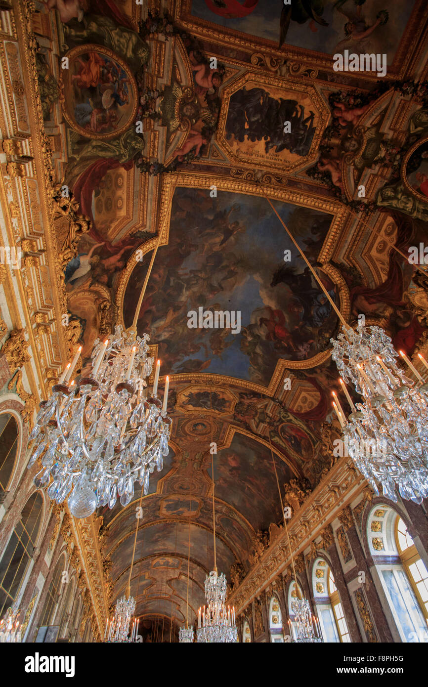 Opulent Chandeliers Line The Roof Of The Hall Of Mirrors In