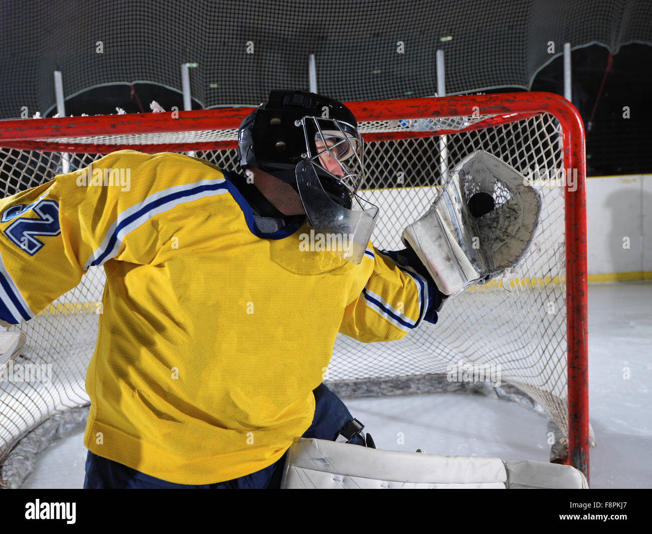 ice hockey goalkeeper player on goal in action Stock Photo Alamy