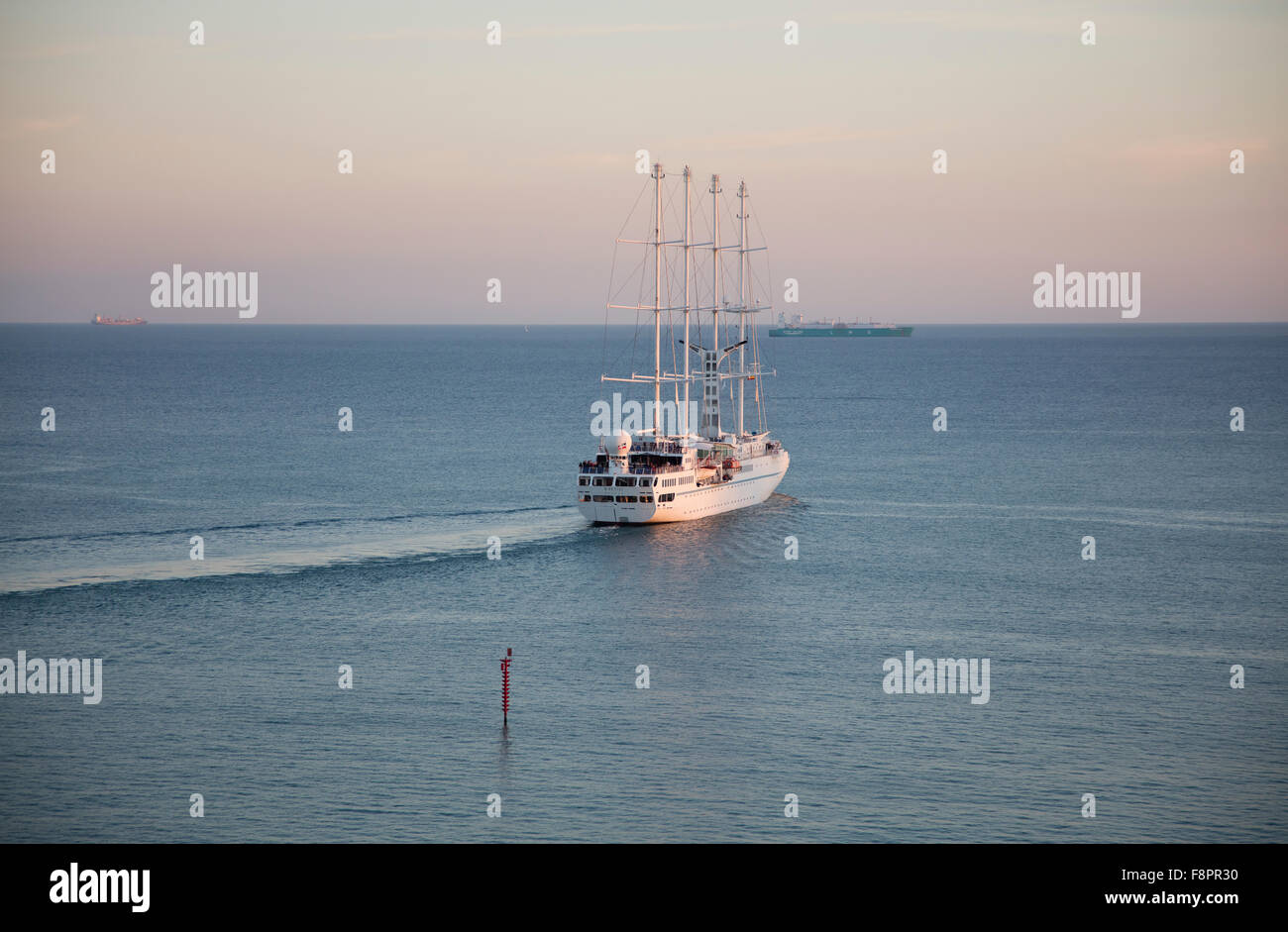 Evening departure for luxury sail cruise ship Wind Star from Barcelona