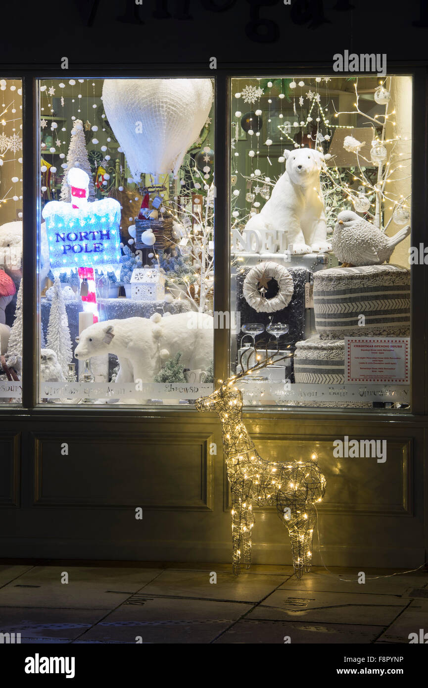 Christmas shop display and lights at night in Stratford Upon Avon, Warwickshire, England Stock Photo