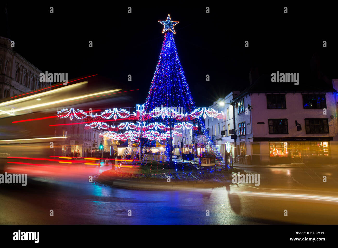 Christmas lights and car light trails