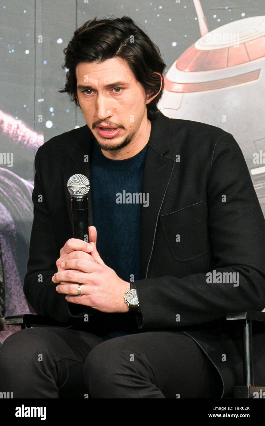 Tokyo, Japan. 11th Dec, 2015. Actor Adam Driver speaks during a press conference for the movie ''Star Wars: The Force Awakens'' in downtown Tokyo on December 11, 2015. Abrams said that in the new movie the planet Takodana's name is taken from Takadanobaba district in Tokyo, as a memorial to his first time in Japan. The movie is set for worldwide release on December 18th and opens across Japan simultaneously at 18:30 on that day. Credit:  Rodrigo Reyes Marin/AFLO/Alamy Live News Stock Photo