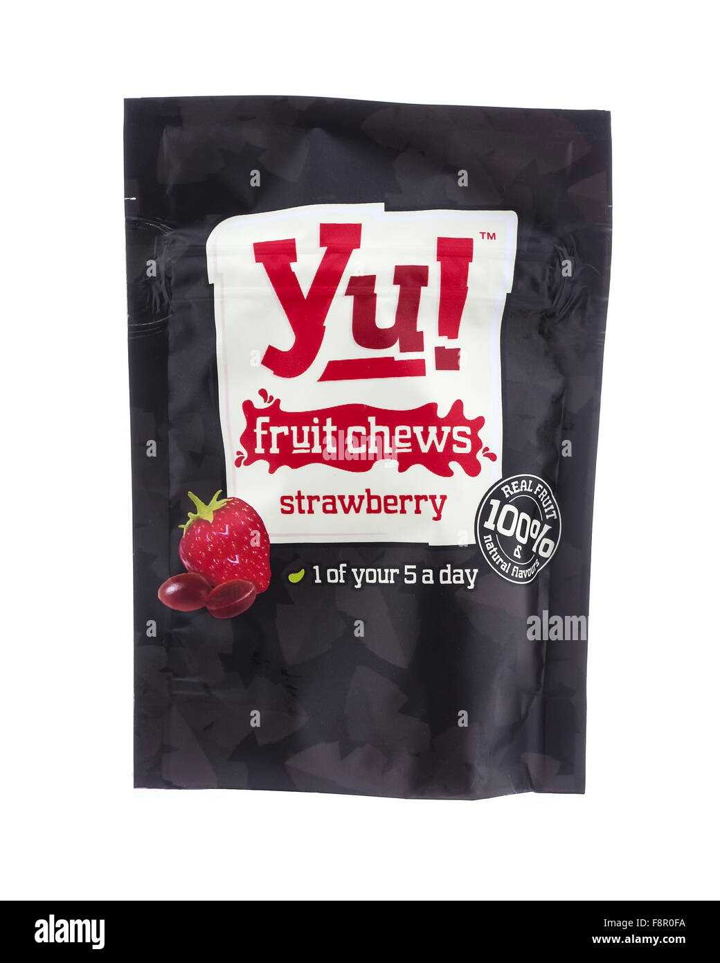 Packet of Strawberry Yu! Fruit Chews, 100% real Fruit on a white background Stock Photo