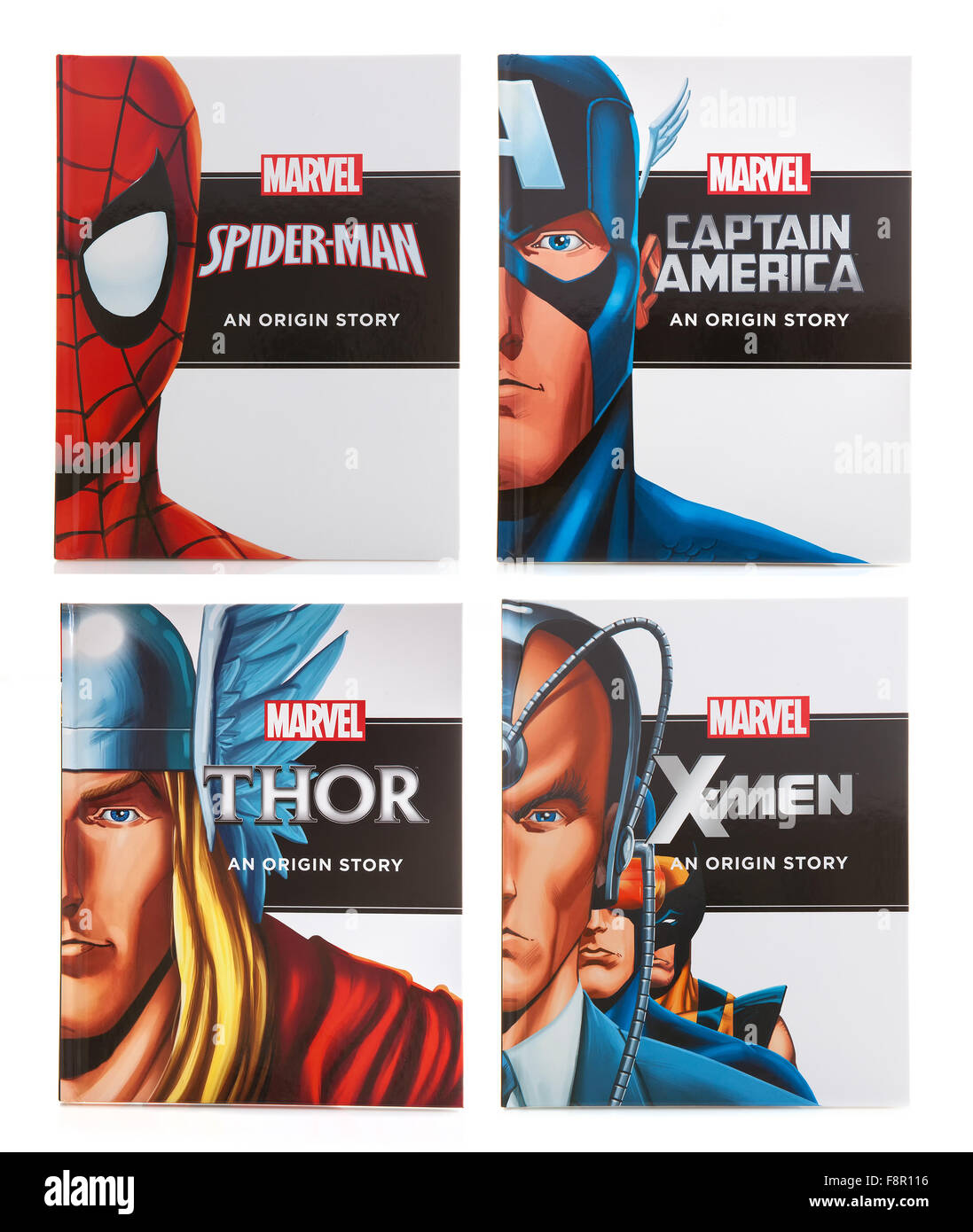 Four MARVEL Super Hero Books 'Origin Story's' on a White background Stock Photo