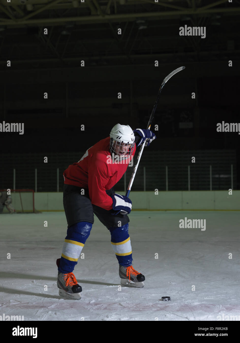 ice hockey player in action kicking with stick Stock Photo Alamy