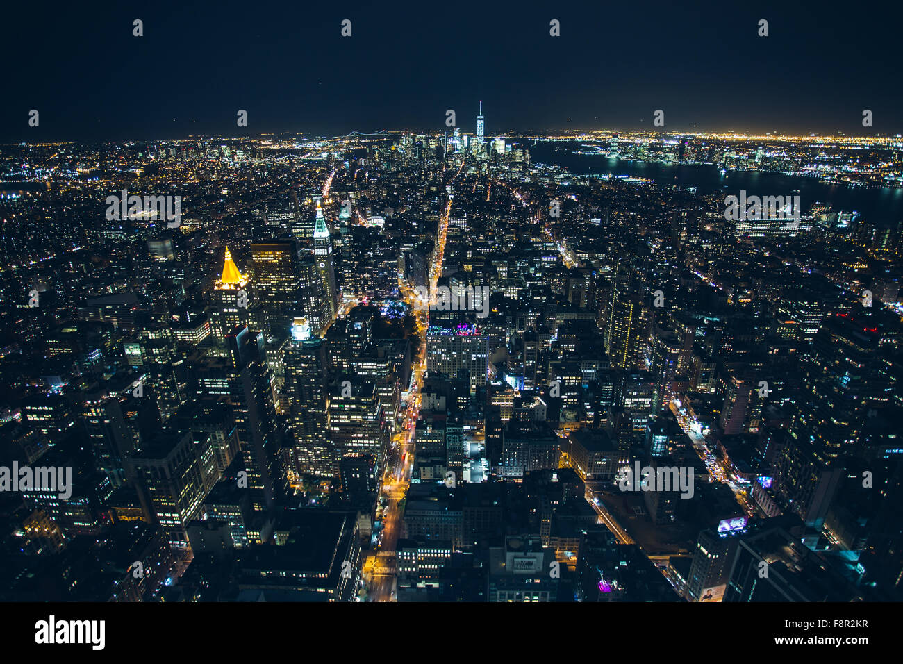 new york city - september 26: Manhattan night view from empire state bulding 5th ave on yhe middle on 26 septemer 2015. Stock Photo