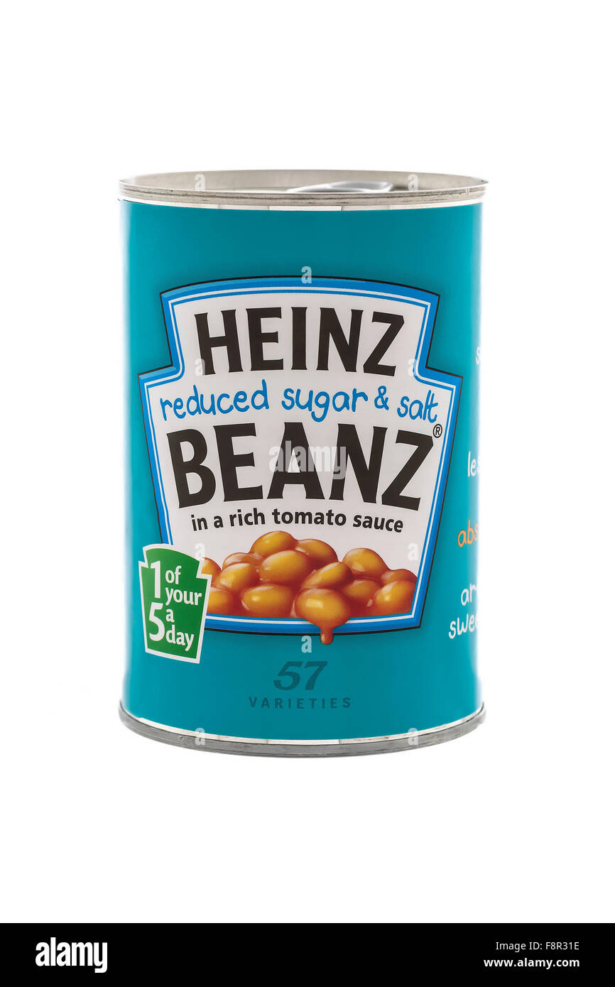 Tin of Heinz Baked Beanz with Reduced Sugar and Salt on a White Background Stock Photo
