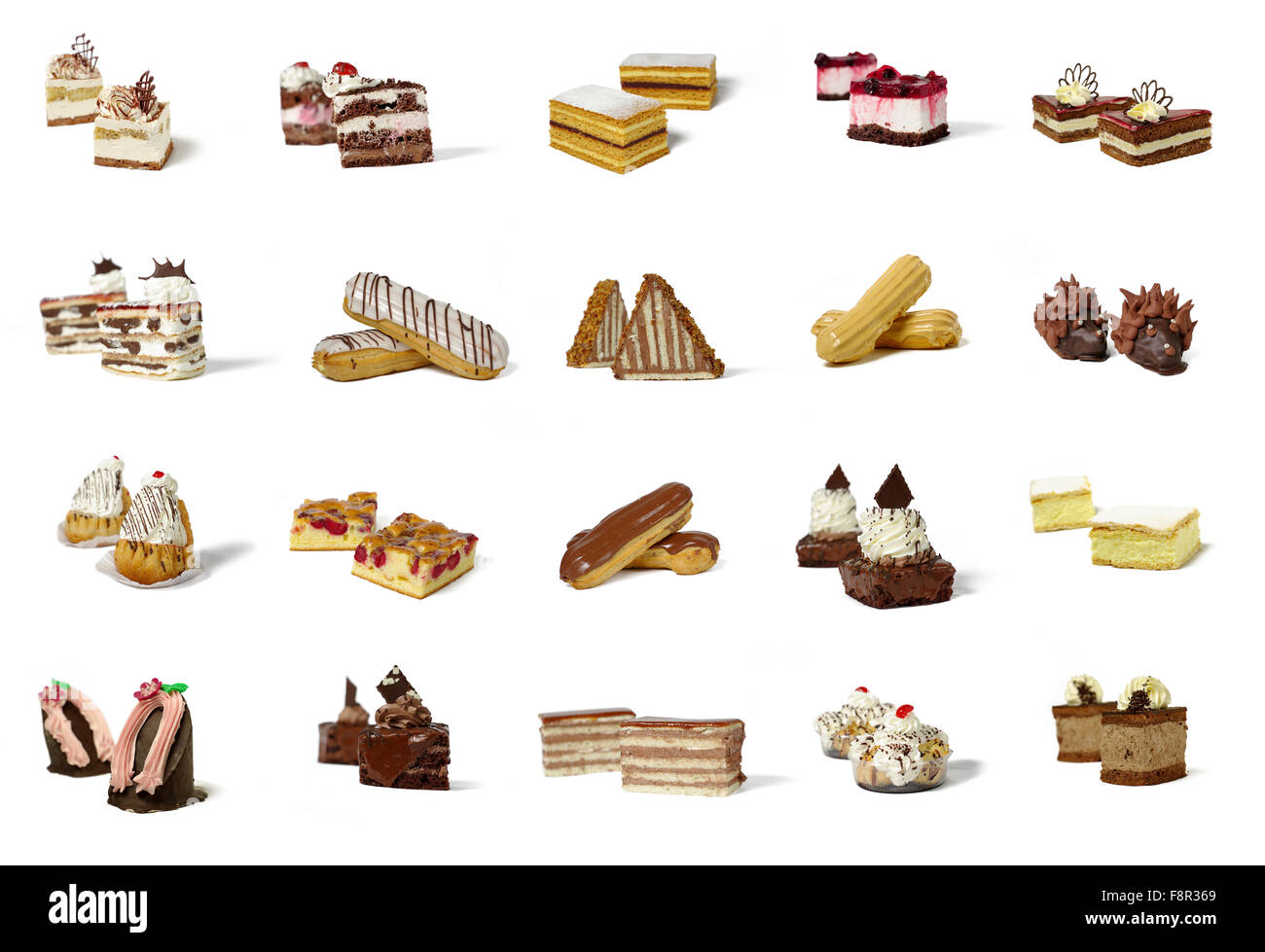 array of twenty different types of pastry products, grouped in twos, on