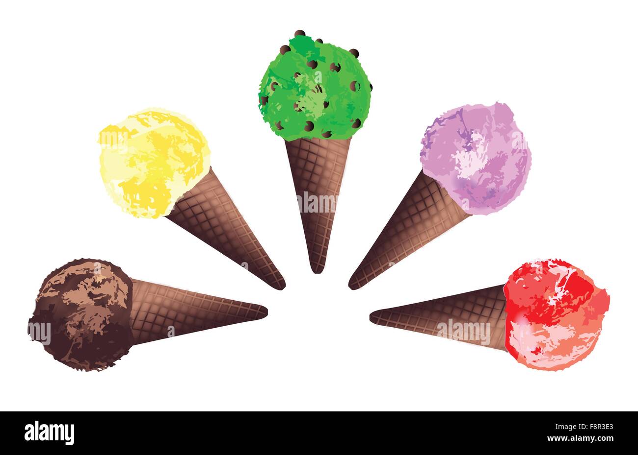 https://c8.alamy.com/comp/F8R3E3/five-ice-cream-comes-vanilla-chocolate-strawberry-mint-and-raspberry-F8R3E3.jpg