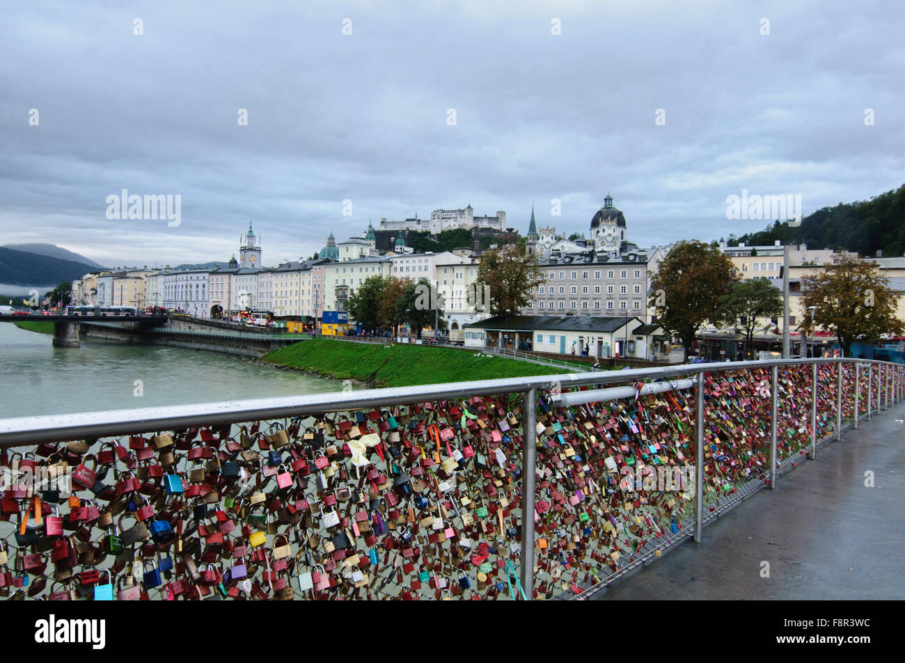 Love locks padlocks on Makartsteg bridge over the Salzach River