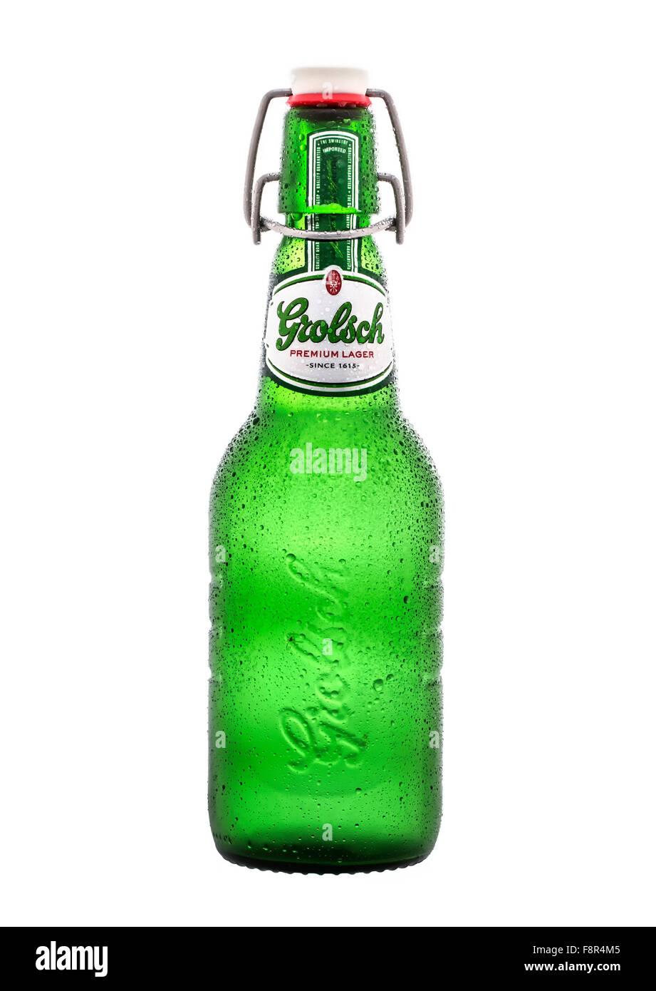 Grolsch Premium Pilsner - known internationally as Grolsch Premium Lager, is the flagship beer of Dutch Grolsch Brewery Stock Photo