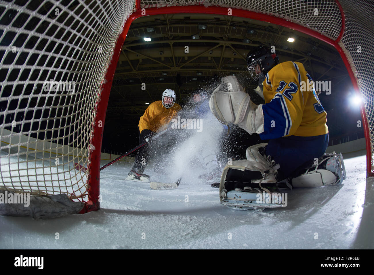 ice hockey goalkeeper player on goal in action Stock Photo Alamy