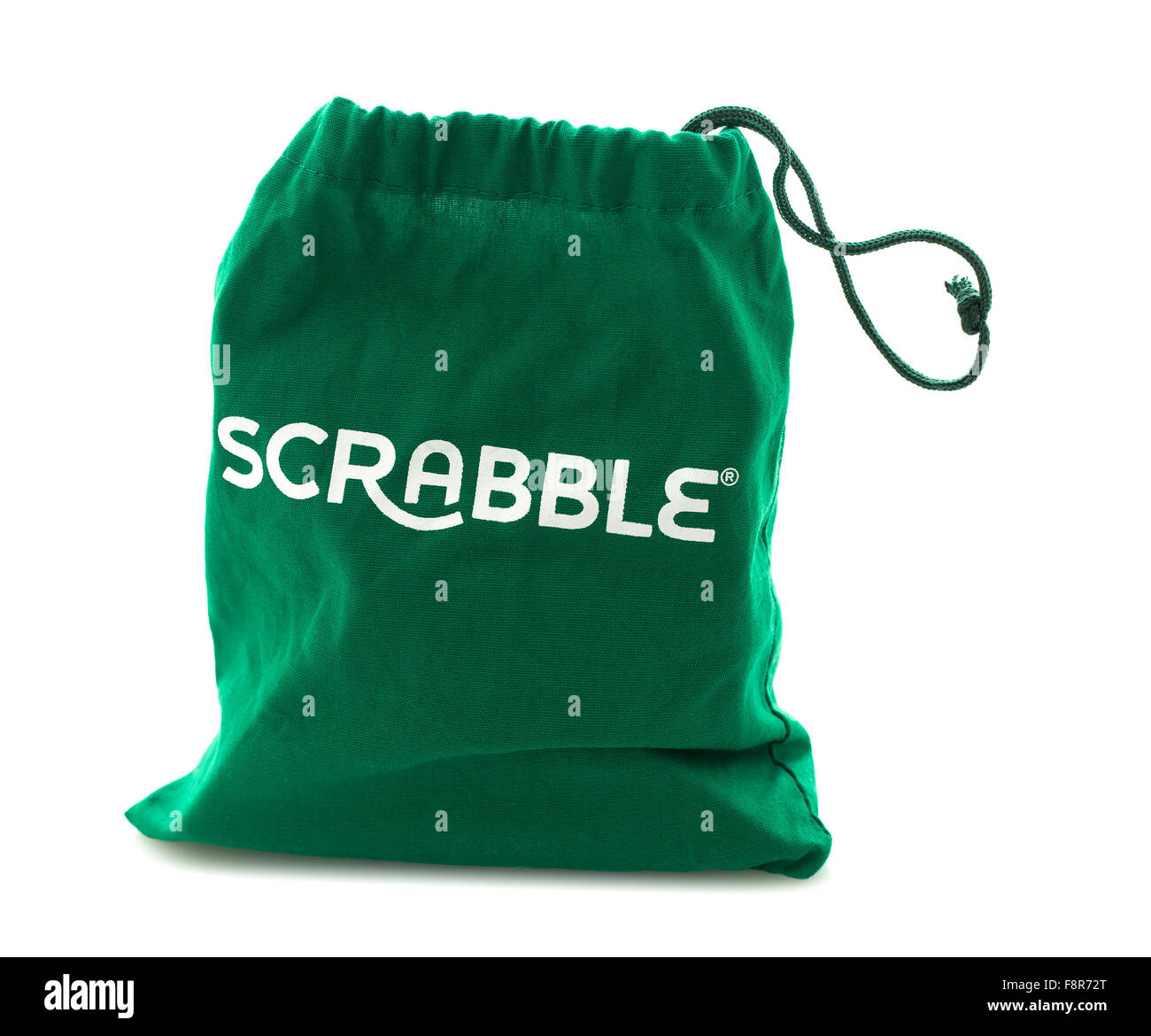 Scrabble Tile Bag from the Word Game on a White Background Stock Photo
