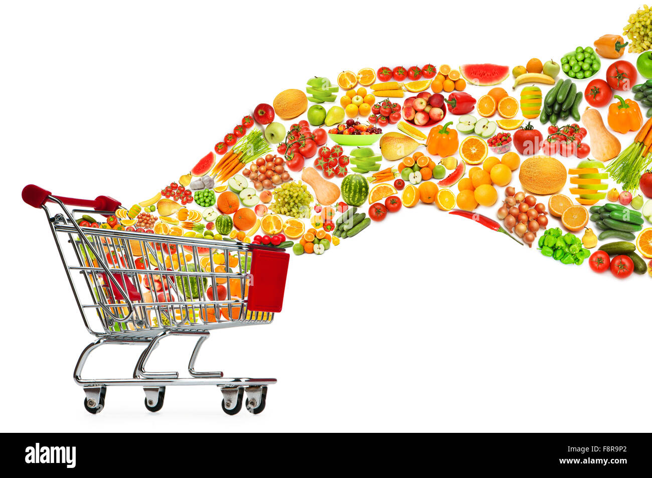 Food products flying out of shopping cart Stock Photo
