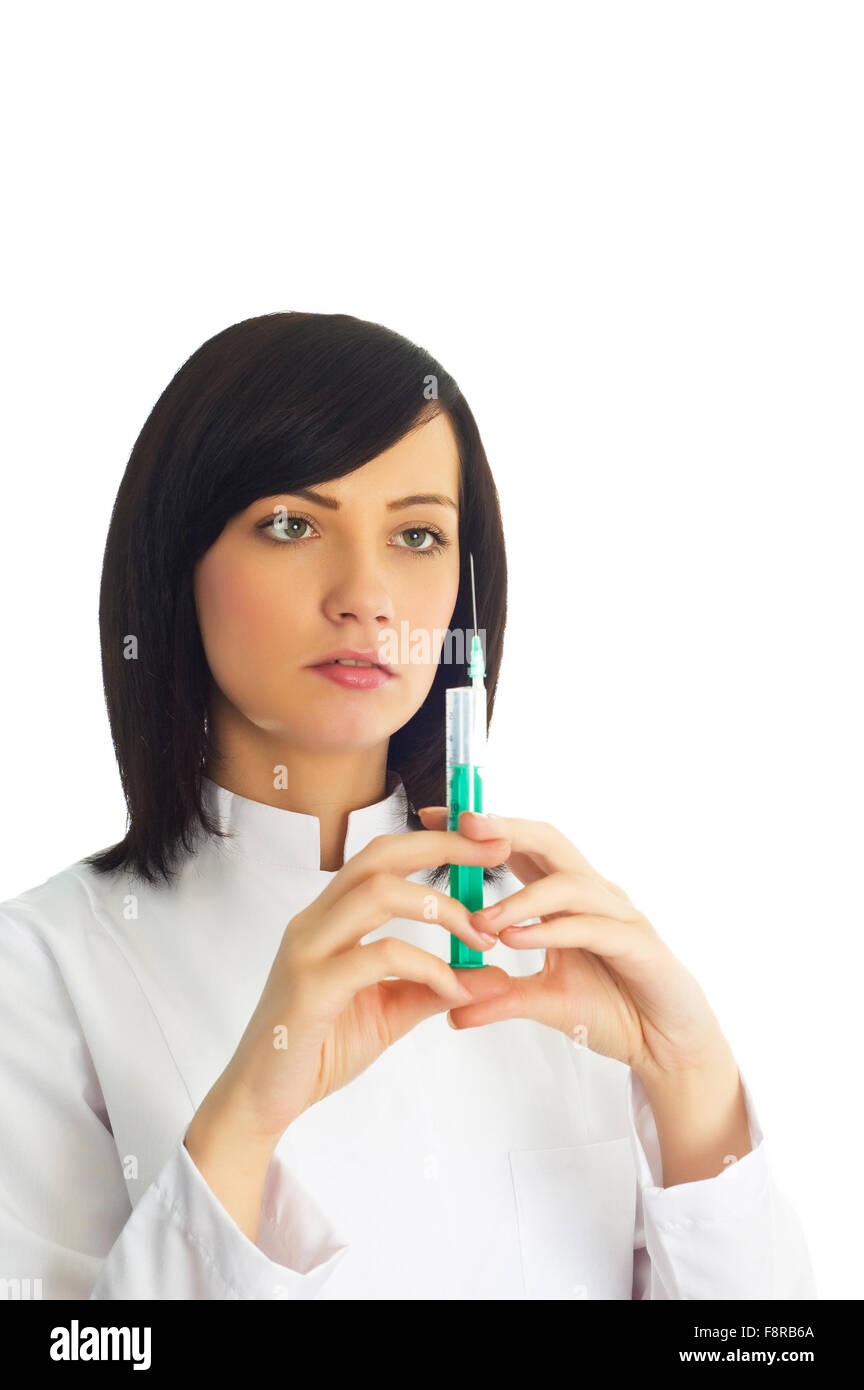 Syringe Check Woman checking syringe isolated on the white Stock Photo - Alamy