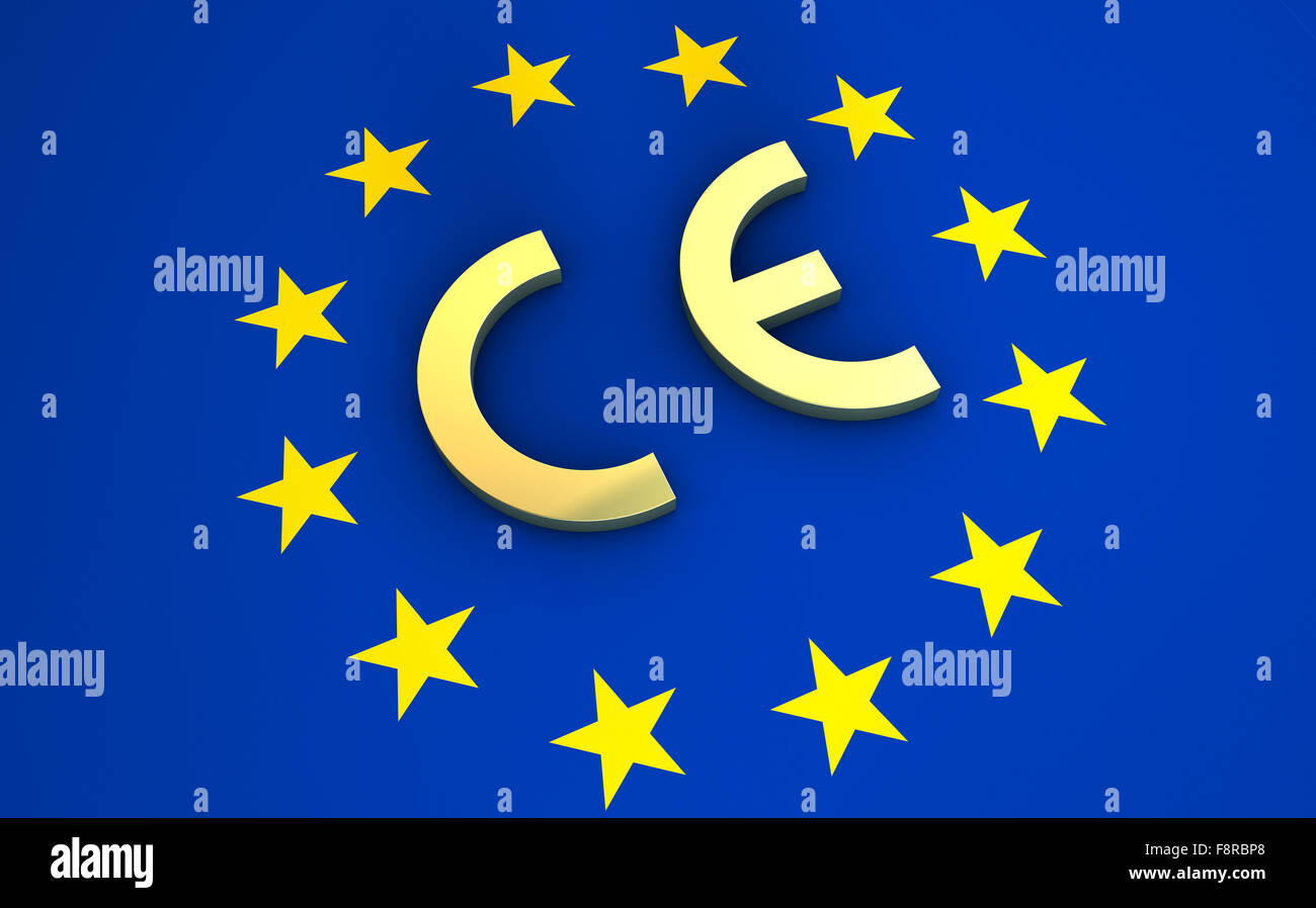 European Union and EU community CE marking concept with sign, symbol and EU flag on background. Stock Photo
