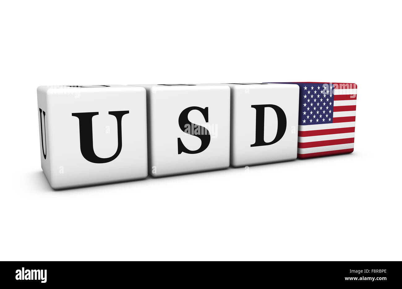 Currency rates, exchange stock market and financial trading concept with dollars usd code sign and US flag on cubes. Stock Photo