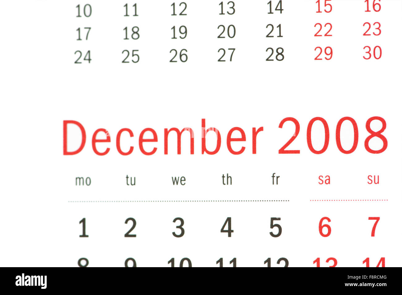Close Up Of December 2008 From Calendar Stock Photo Alamy