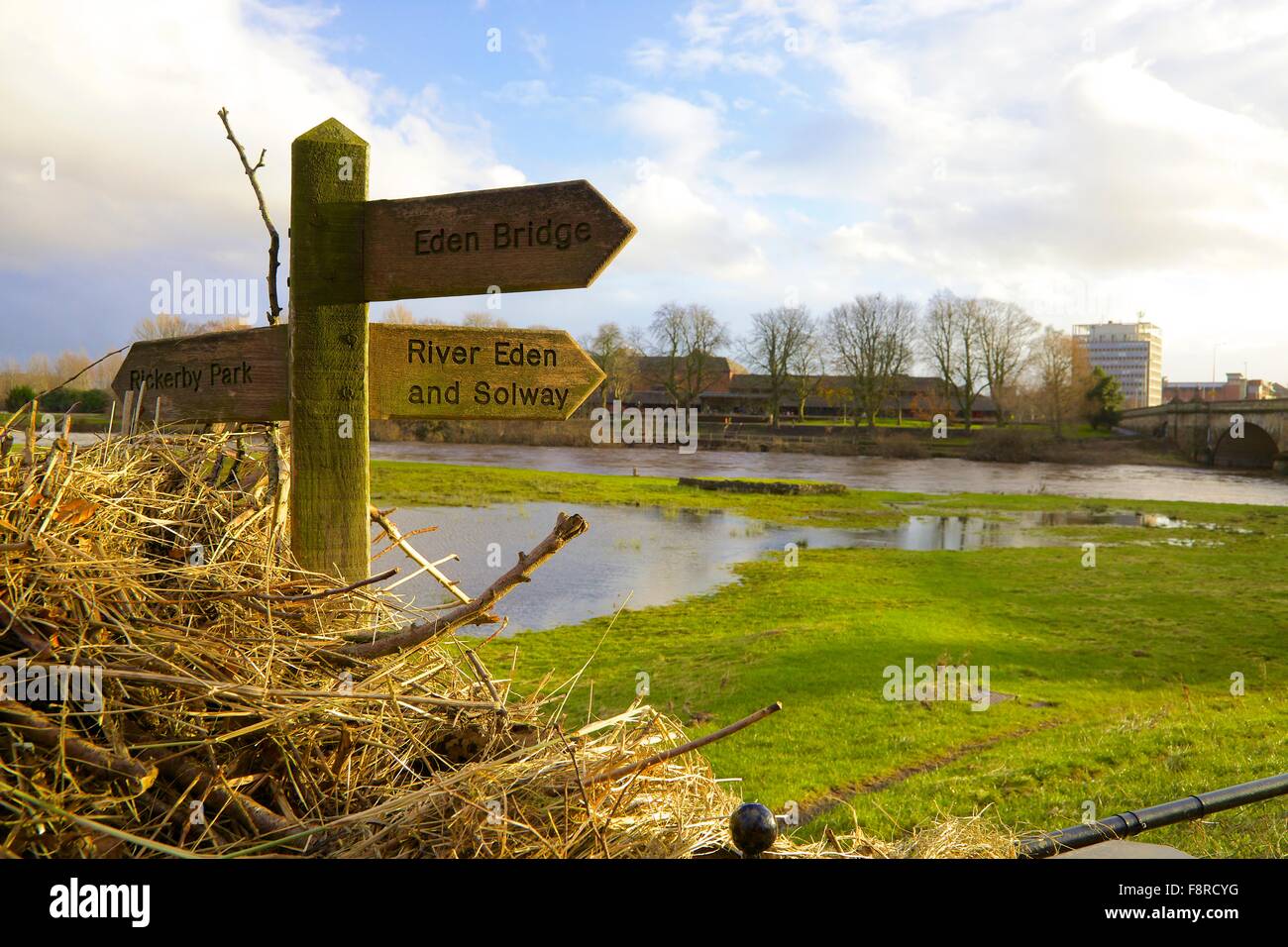 Aftermath of Carlisle Floods. 6th December 2015. Foot path sign showing flotsam illustrating height of flooded River Eden caused by Storm Desmond. Carlisle, Cumbria, England, UK. Stock Photo