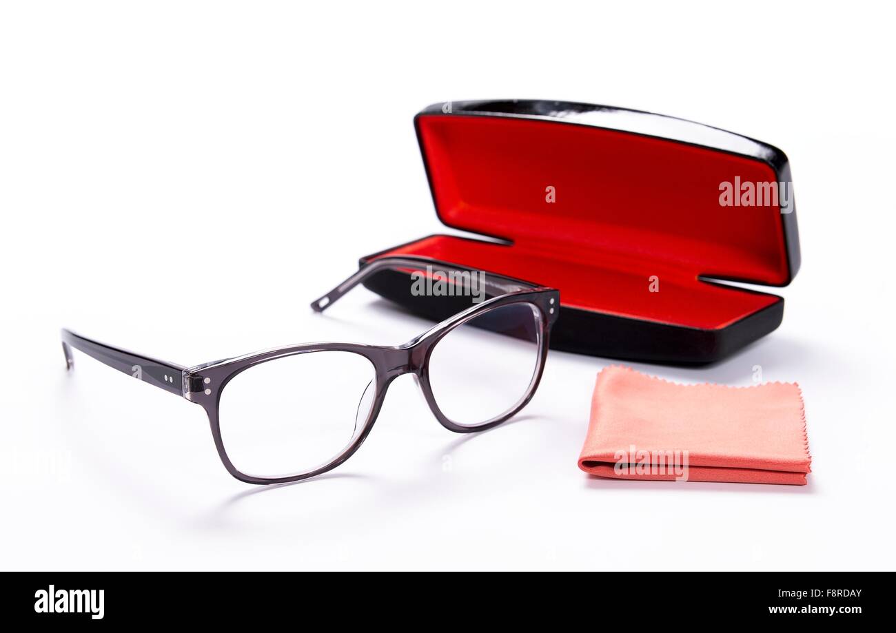 Spectacles with cleaning cloth and Case for glasses Stock Photo