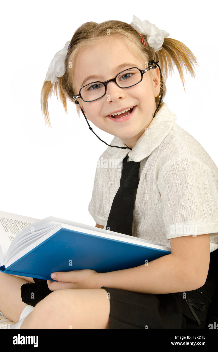 Little girl with books on white Stock Photo - Alamy