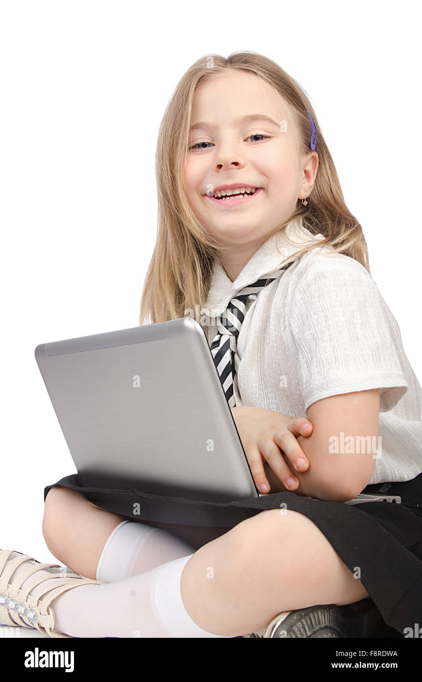Cute girl with laptop on white Stock Photo - Alamy