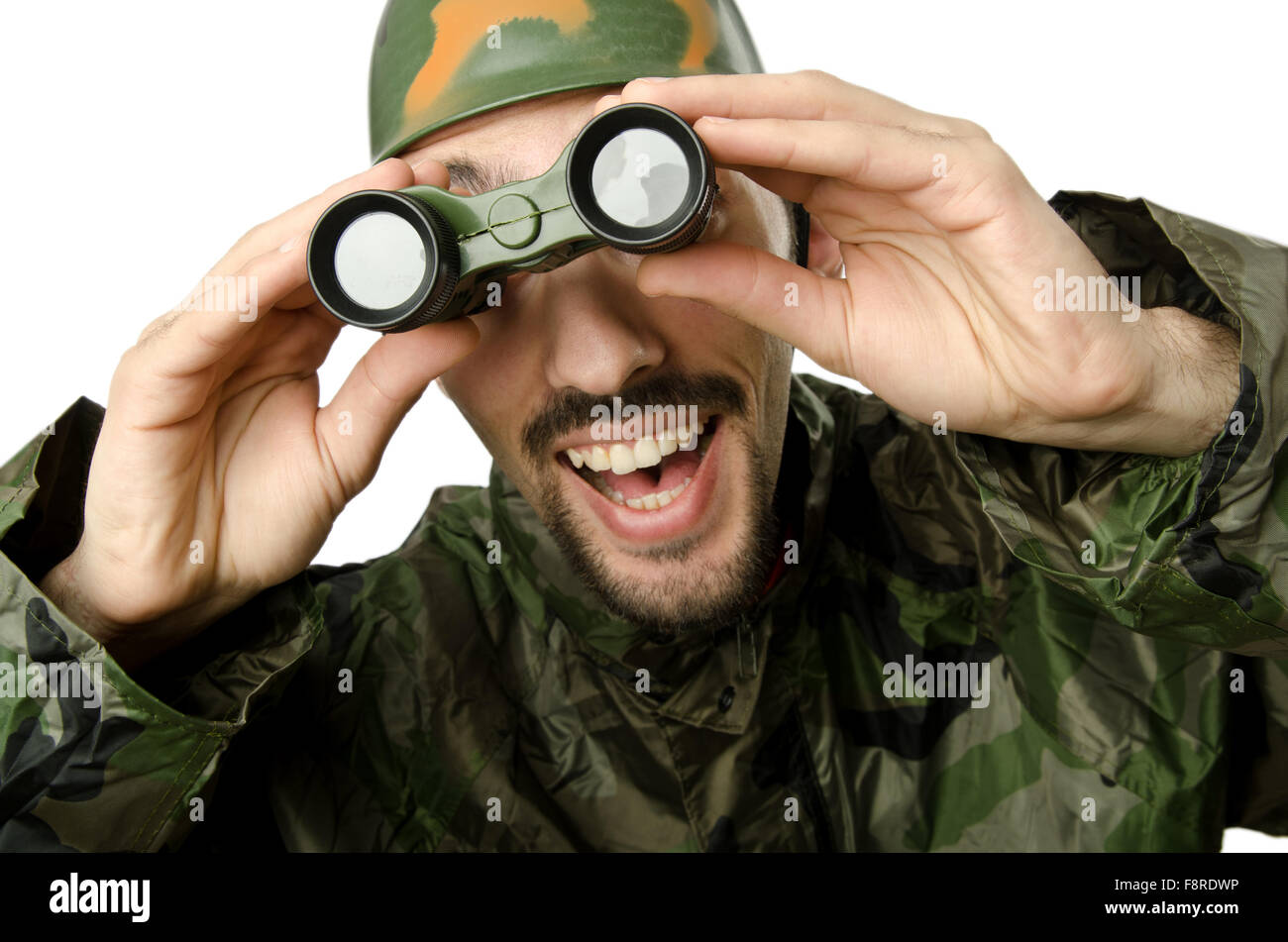 Funny soldier with binoculars Stock Photo Alamy