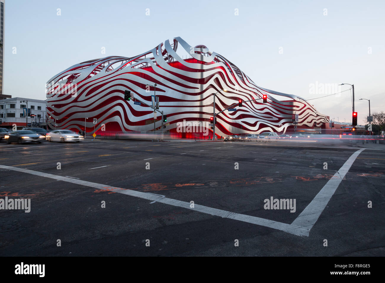 Exterior of the Petersen Automotive Museum on Museum Row in Los Angeles