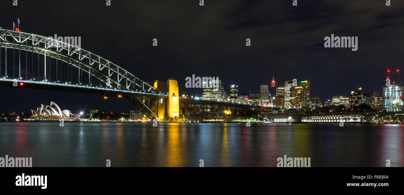 Sydney harbor bridge and skyline at night, Sydney, New South Wales ...